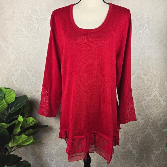 Style & Co Size XL Red Tunic Length Sweater Lace Insets Long Sleeves Ruffle Hem - Picture 1 of 14